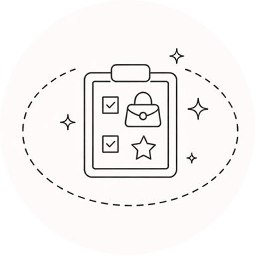 Clipboard with checklist, star, and purse icons surrounded by a dashed oval and sparkle symbols.